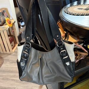 Stylish Black and Gray Women's Handbag gray, and black and cream purse